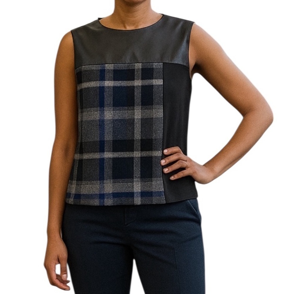 Calvin Klein Sleeveless Blue Black Plaid mixed media top size small